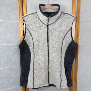 KUHL Fleece Vest Womens Large Gray White Good Full Zip Sherpa Contrast Trim